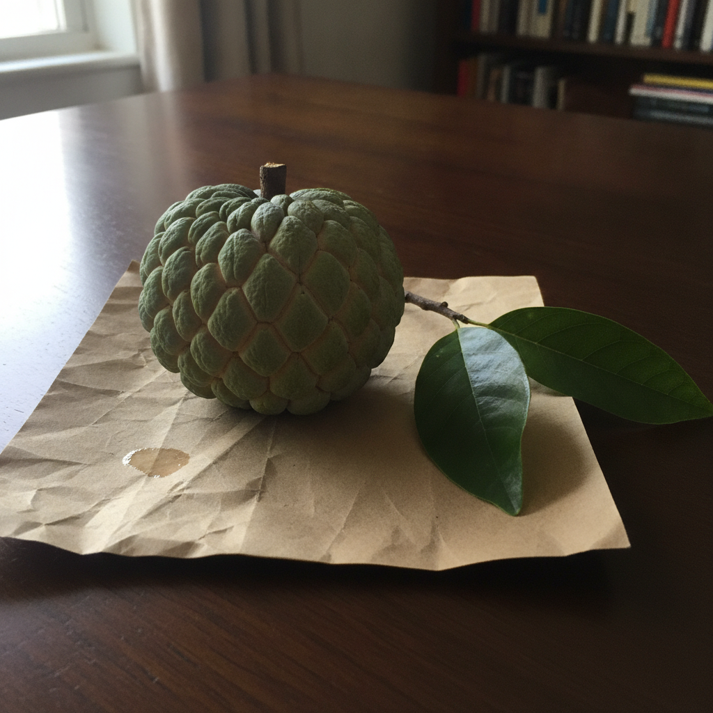 A custard apple beside its leaves AI-generated photoreal reference