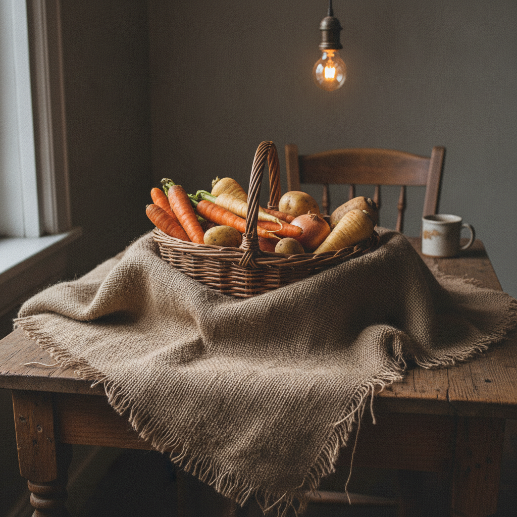 Burlap cloth in rustic still life AI-generated photoreal reference