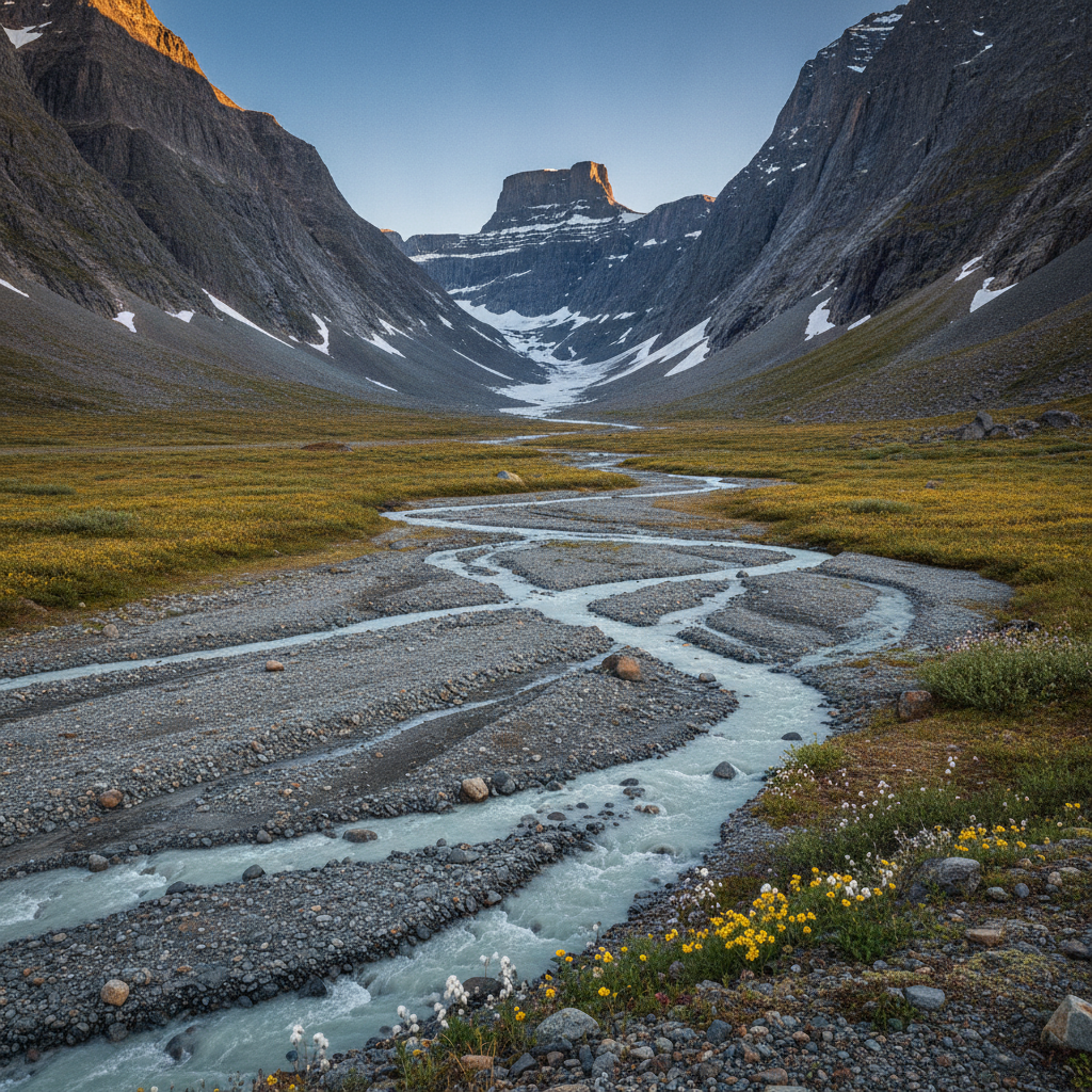 Akshayuk Pass tundra floor, Auyuittuq National Park, Baffin Island, July AI-generated photoreal reference