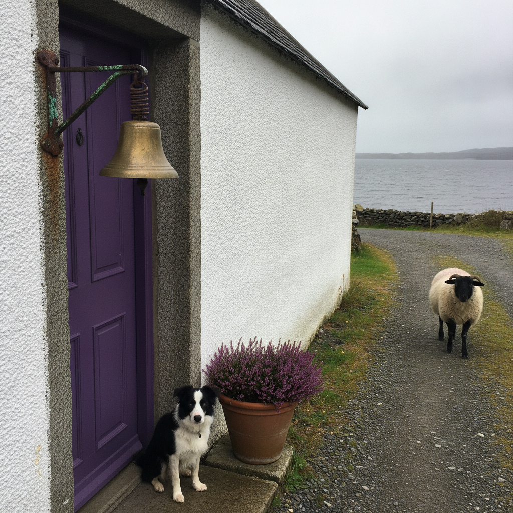 Highland Crofting-Village Post Office, Heather Season AI-generated photoreal reference