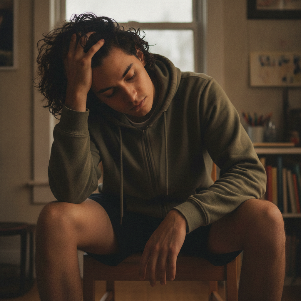 Knees Apart, Hand Through Hair AI-generated photoreal reference