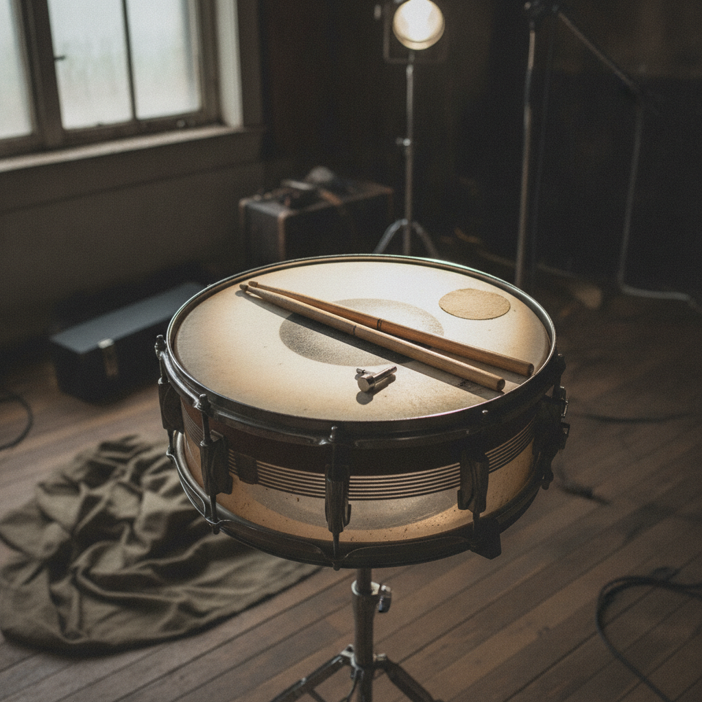 Snare drum on stand with sticks AI-generated photoreal reference