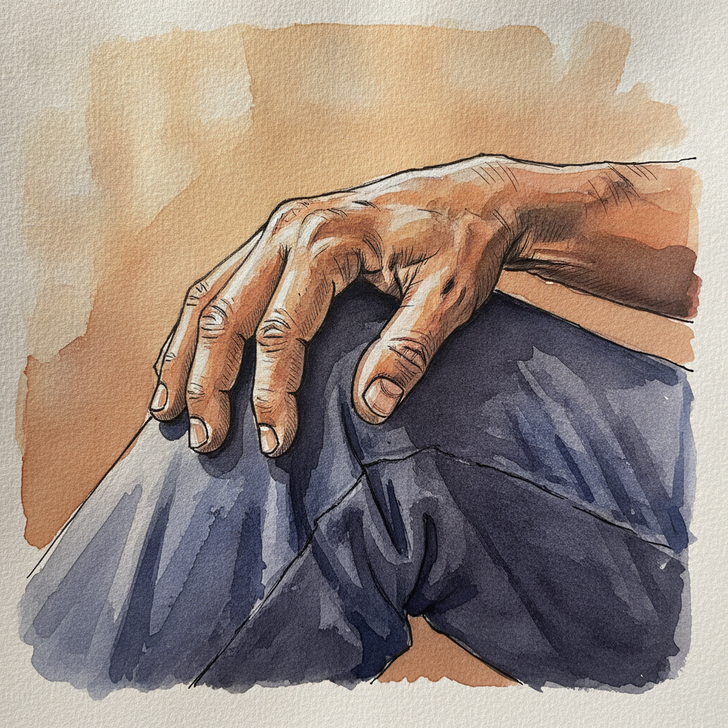 Hand Resting on Knee, Indigenous Man 70s example 1
