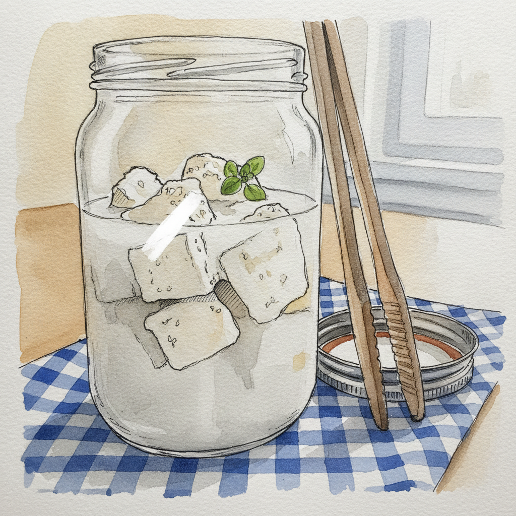 Feta blocks in brine, in a glass jar example 1