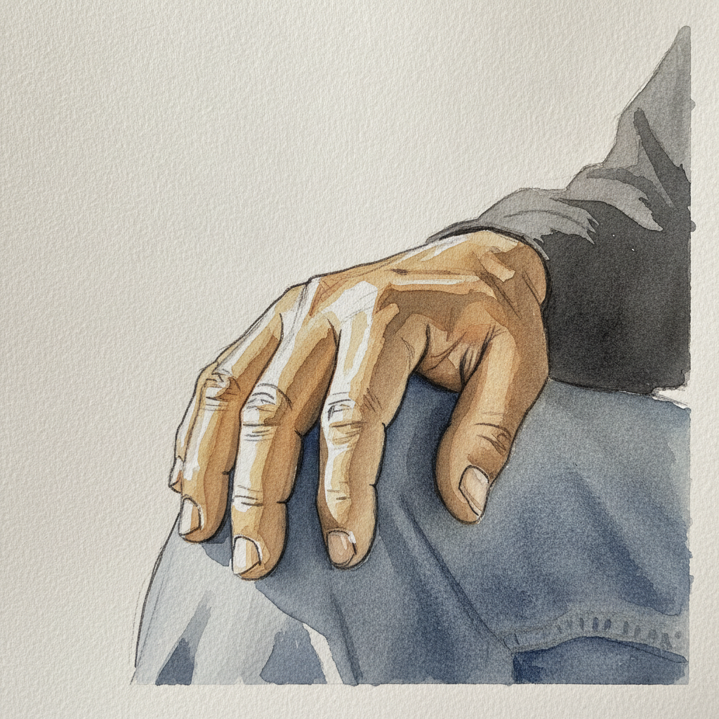 Hand Resting on Knee, Indigenous Man 70s example 2