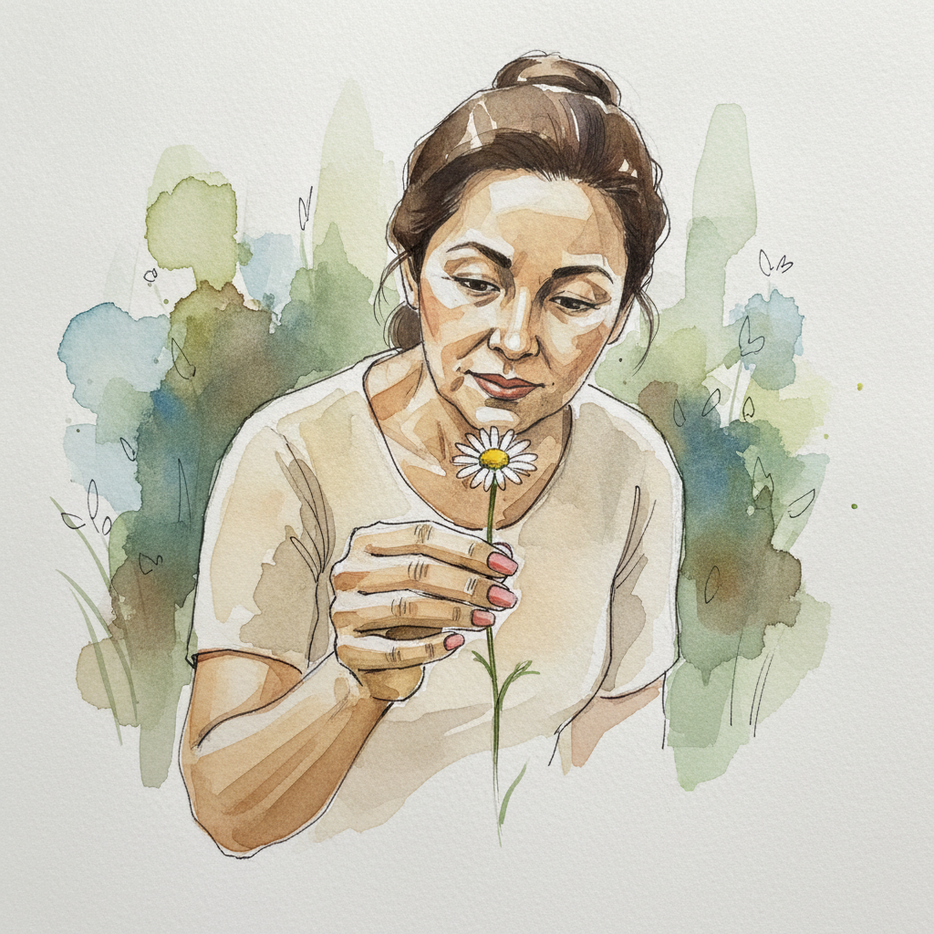 Hand Picking Flower, Latina Woman 50s example 2