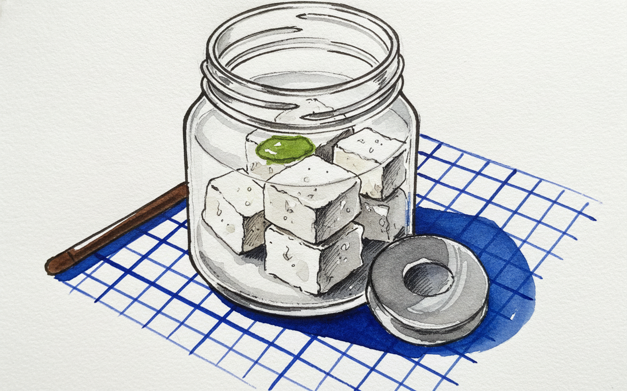 Feta blocks in brine, in a glass jar example 2