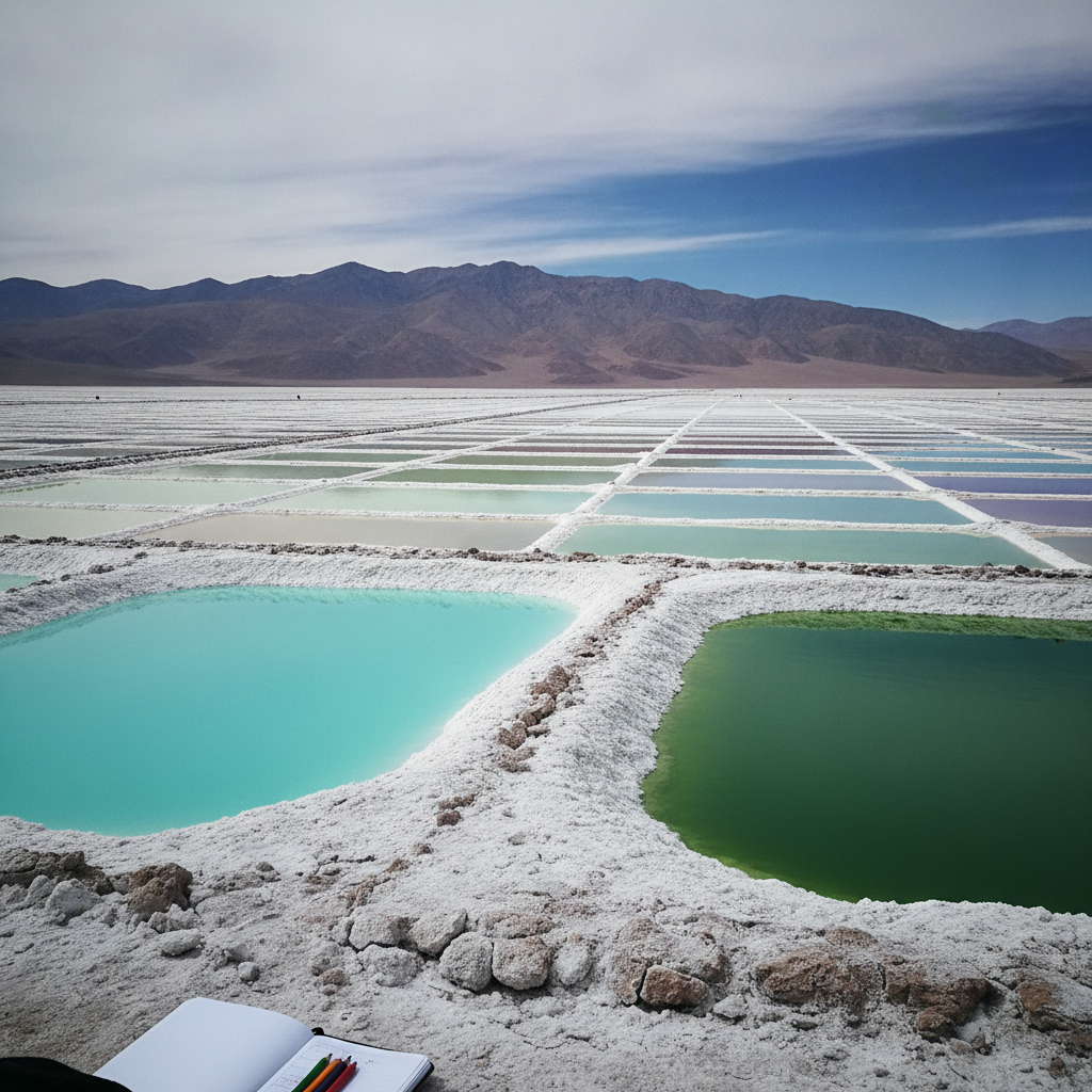 Lithium pond patchwork wide view, Atacama Chile AI-generated photoreal reference