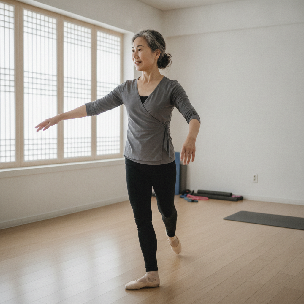 First arabesque, Korean grandmother teacher AI-generated photoreal reference