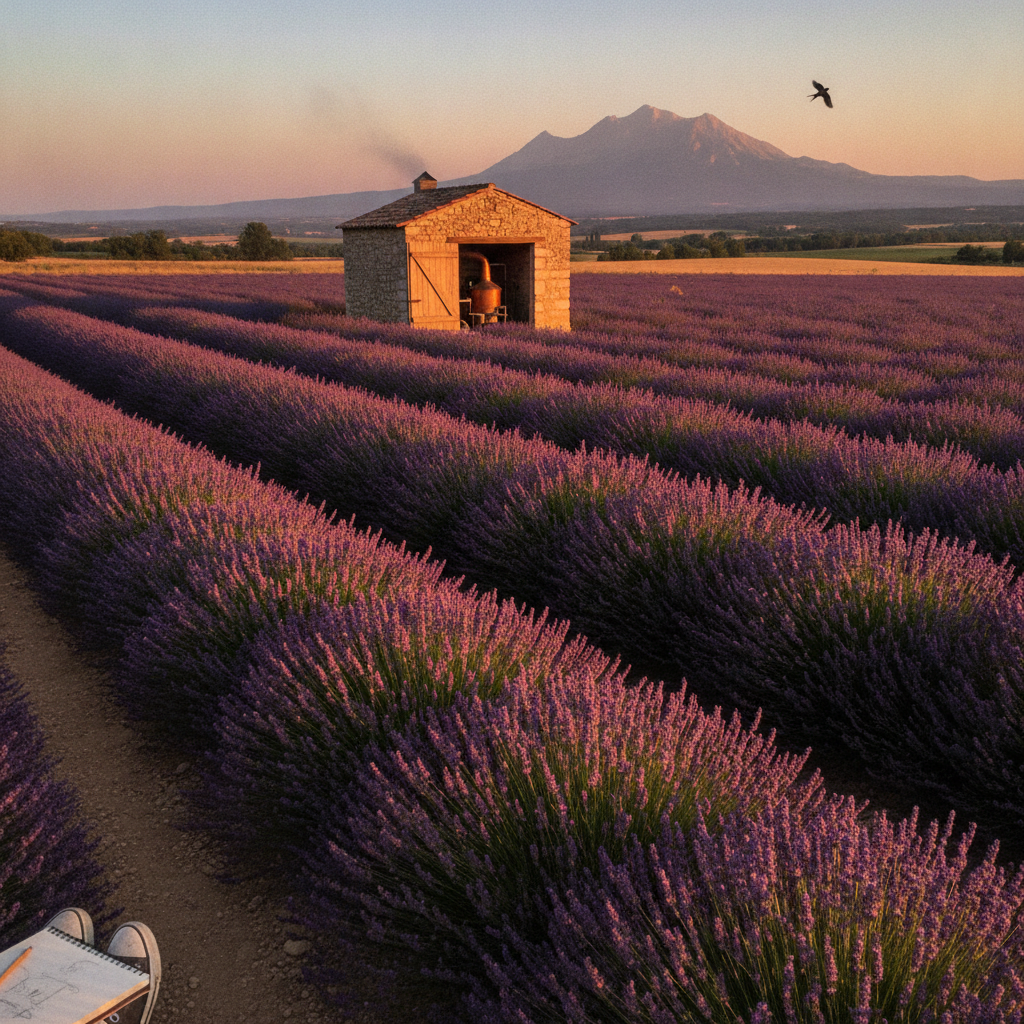Golden hour rake across Provence lavender, Sault AI-generated photoreal reference