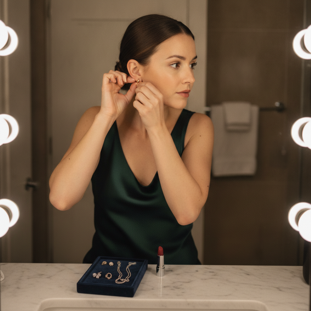 Person putting in earrings AI-generated photoreal reference