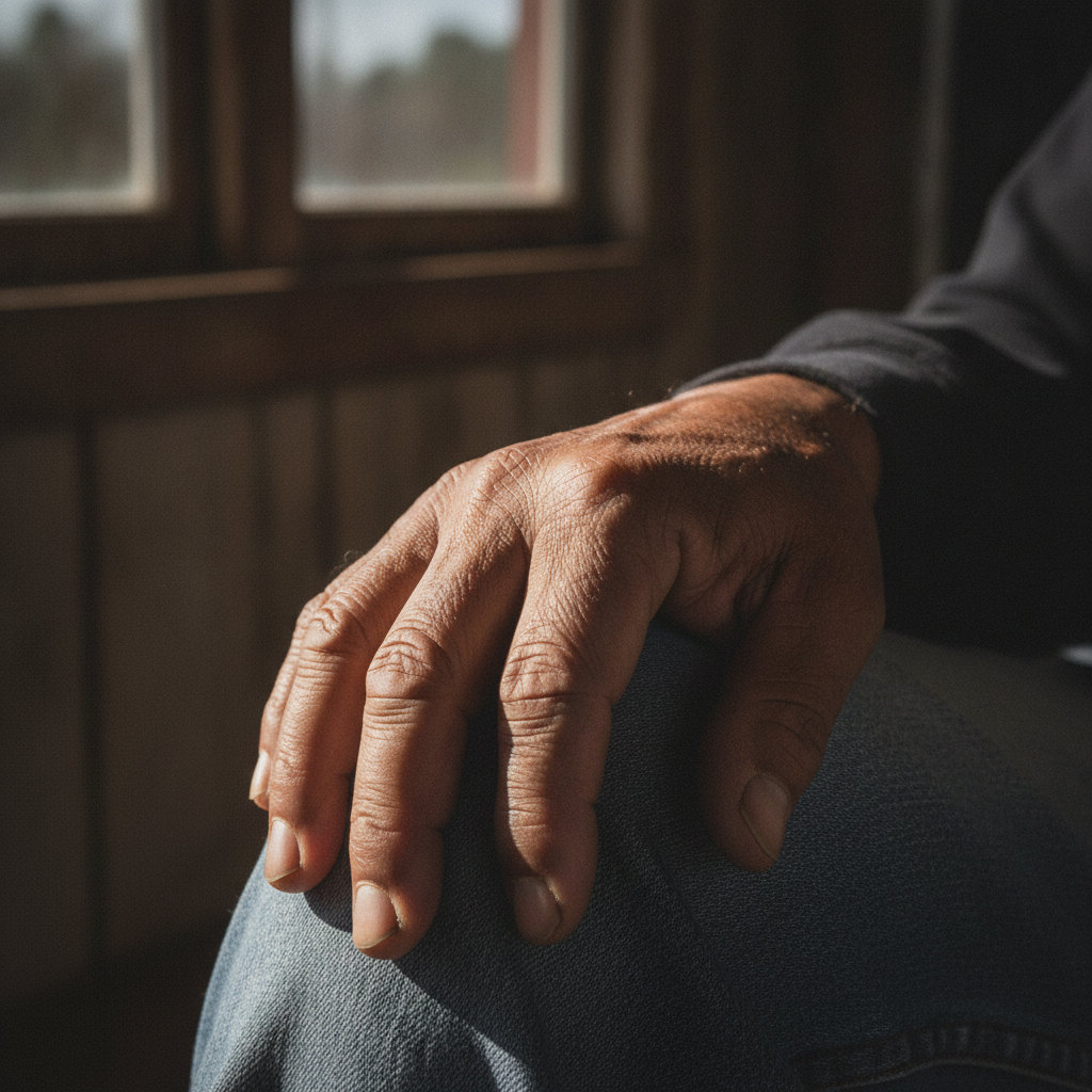 Hand Resting on Knee, Indigenous Man 70s AI-generated photoreal reference