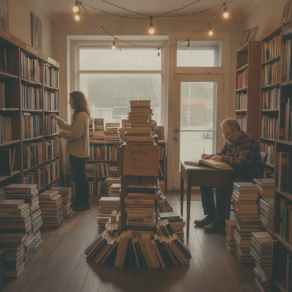 Used bookstore with stacks AI-generated photoreal reference