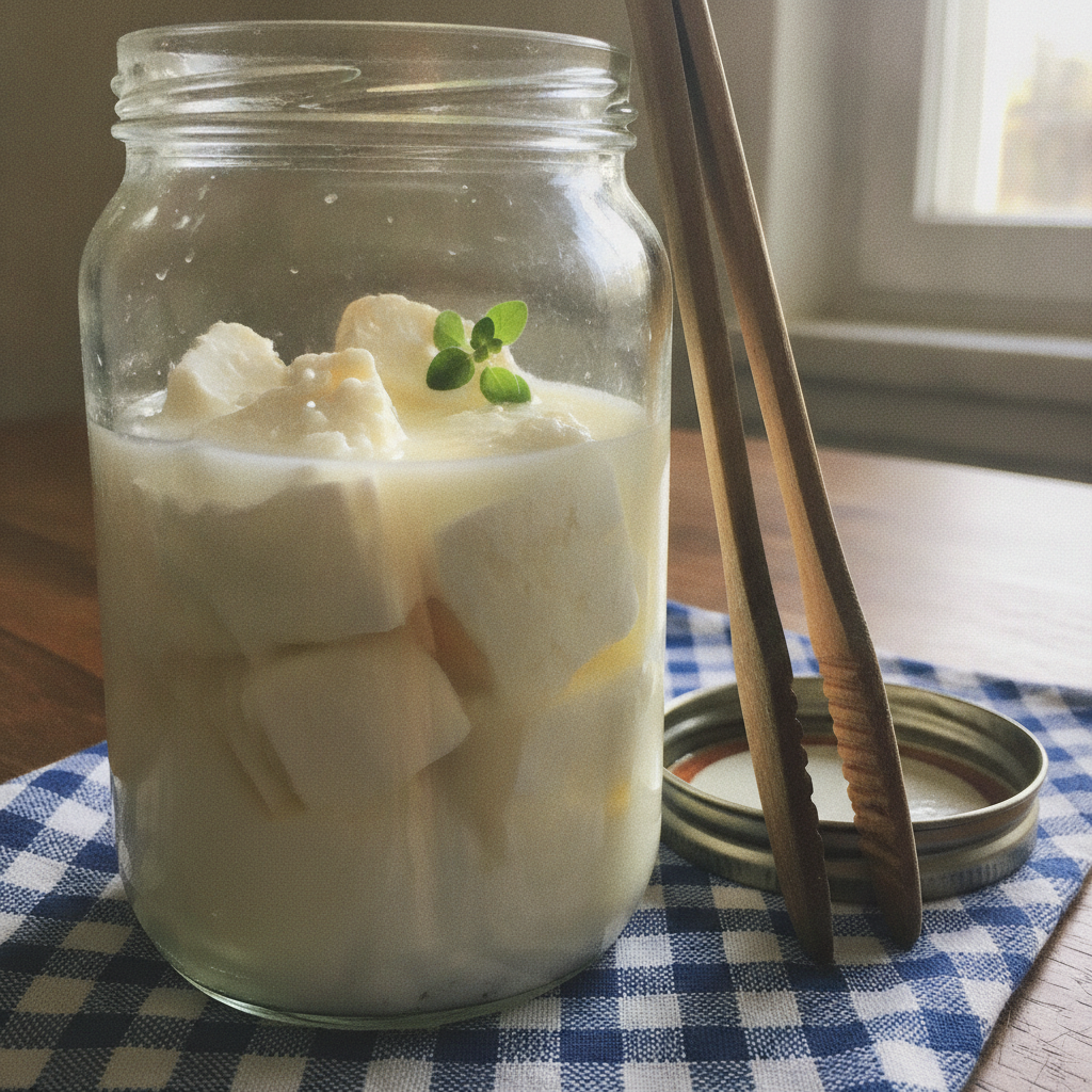Feta blocks in brine, in a glass jar AI-generated photoreal reference