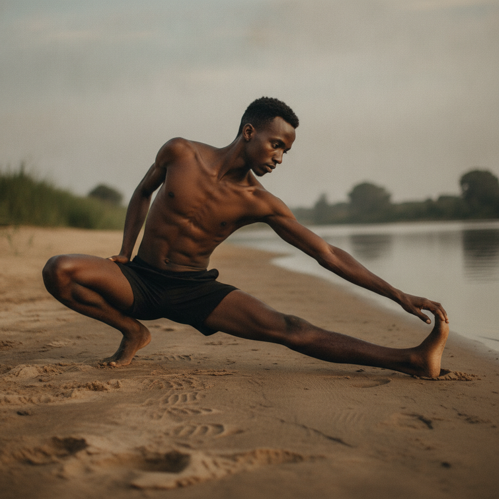 Cossack Squat, Bare Riverbank AI-generated photoreal reference