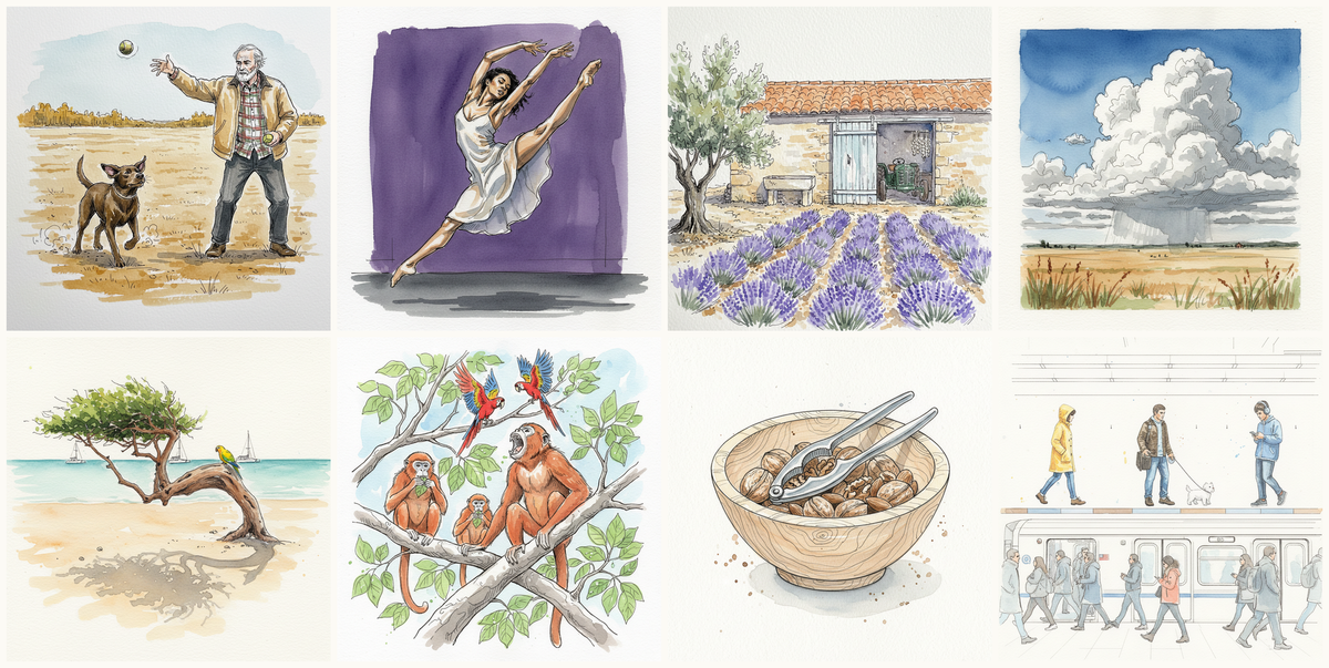 Person throwing ball for dog, Curvy Black model with one arm reaching back, French Long-Barn in Provence, Towering Cumulus over the Plains, and more — pen + watercolor for May 26, 2026