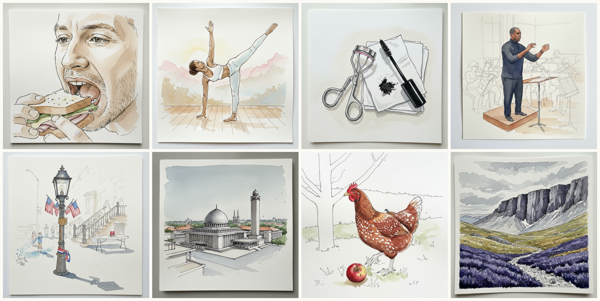 Mouth Eating Sandwich, White Man 30s, Ardha Chandrasana with no block, Black woman, 24, Eyelash Curler and Mascara, Conductor on podium, and more — pen + watercolor for May 30, 2026