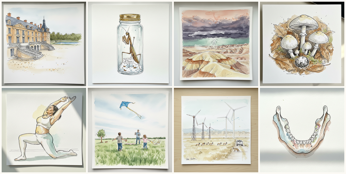 Château de Fontainebleau, Fontainebleau, France, Praying mantis in a tall jar, Lightning over Badlands at dusk, South Dakota, USA, Eastern destroying angel, and more — pen + watercolor for June 3, 2026