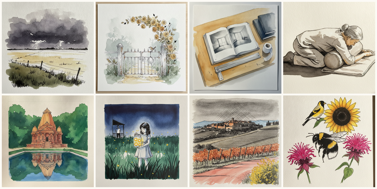 Field with Distant Storm, Cape Cod cottage gate in fog with Buff Beauty apricot, Open architecture monograph on a drafting table, Wide-knees, elderly model, supported by props, and more — pen + watercolor for June 16, 2026