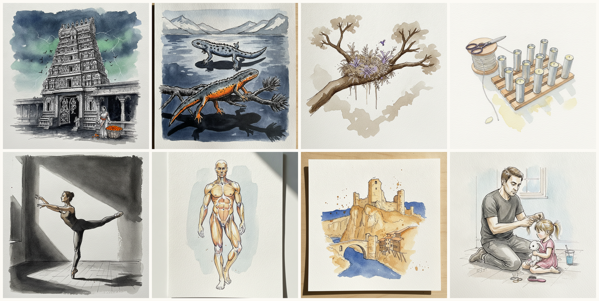 The gopuram at Chidambaram in afternoon storm, Alpine newt, Epiphyte Garden Crown, Costa Rica, Candle molds on a cooling rack, and more — pen + watercolor for June 18, 2026