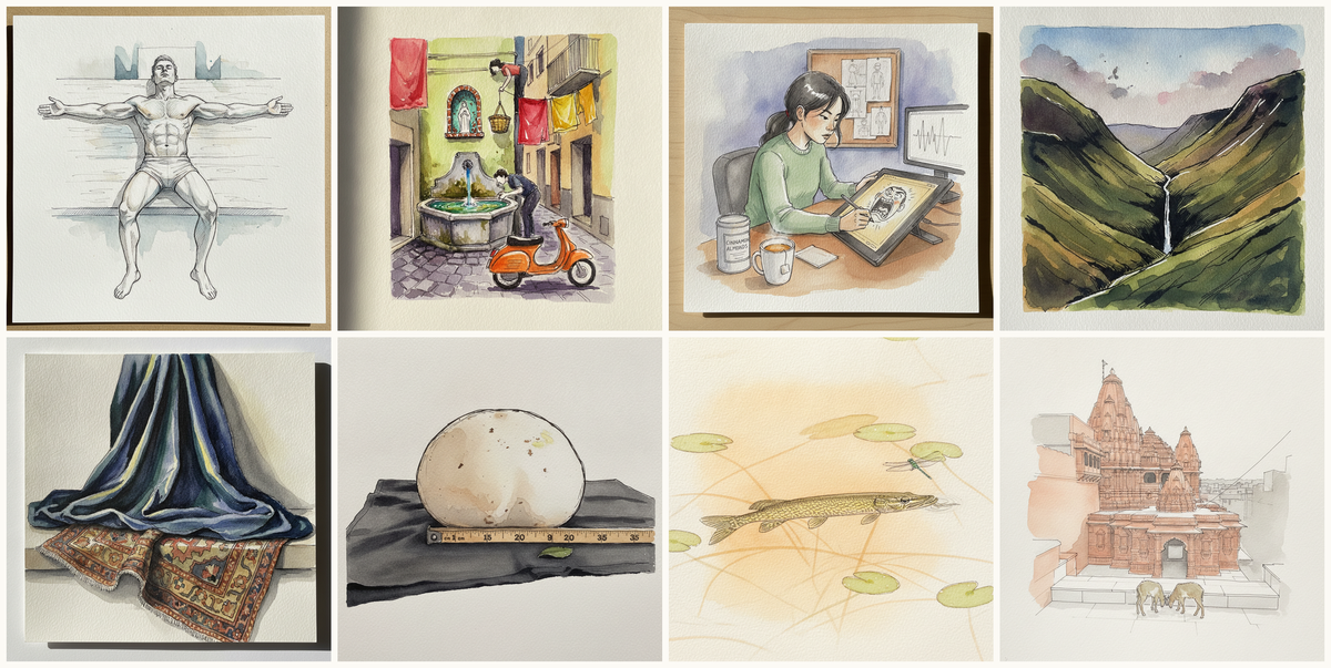 T-Pose, Knees Bent, White Man on Platform, Naples drinking fountain in narrow alley, Animator at tablet, Howgill Fells from Sedbergh, and more — pen + watercolor for June 19, 2026