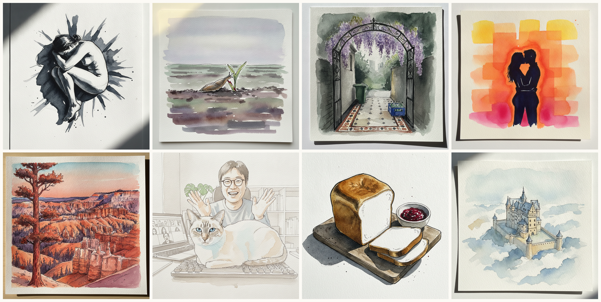 Fetal on rumpled bedsheets, single overhead spot, Gray field slug, Arch over a Bayswater London townhouse side path, Lover's Kiss Silhouette, and more — pen + watercolor for June 23, 2026