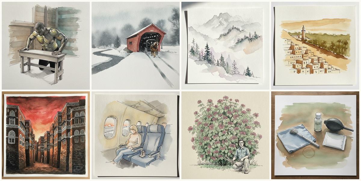 Forward Kneel, Hands Bracing a Low Bench, Pennsylvania Snowstorm, Lancaster County, Mountain Fog Lifting, Ghardaïa M'zab valley, and more — pen + watercolor for June 25, 2026