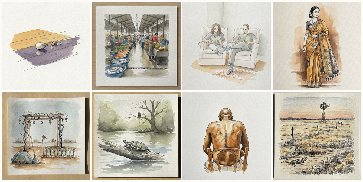 Pearl earring dropped on floorboard, Chow Kit Market, Kuala Lumpur, Malaysia, Couple silent reading, Indian sari (Banarasi silk), and more — pen + watercolor for June 26, 2026
