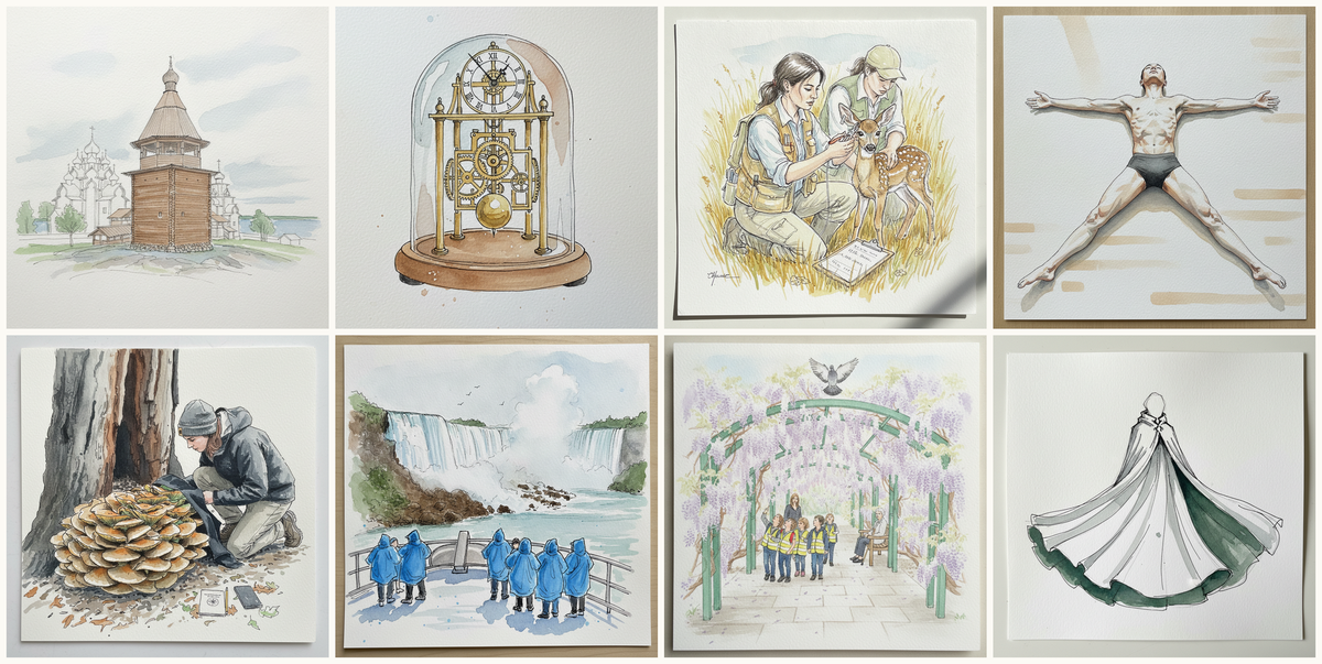 Kizhi Pogost Bell Tower, Kizhi Island, Russia, Skeleton clock under dome, Wildlife biologist with tags, Studio floor, butterfly knees, arms wide, and more — pen + watercolor for June 10, 2026