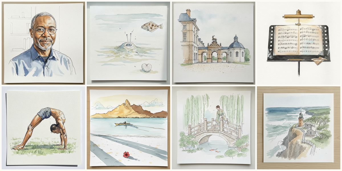 Black Pastor, Sixty-Two, Heart urchin, Château d'Anet, Anet, France, Music stand with open score, and more — pen + watercolor for June 11, 2026