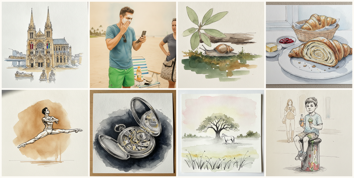Saint-Denis Basilica, Saint-Denis, France, Person applying sunscreen, Roundback slug snail, Croissant Cross-section, and more — pen + watercolor for July 2, 2026