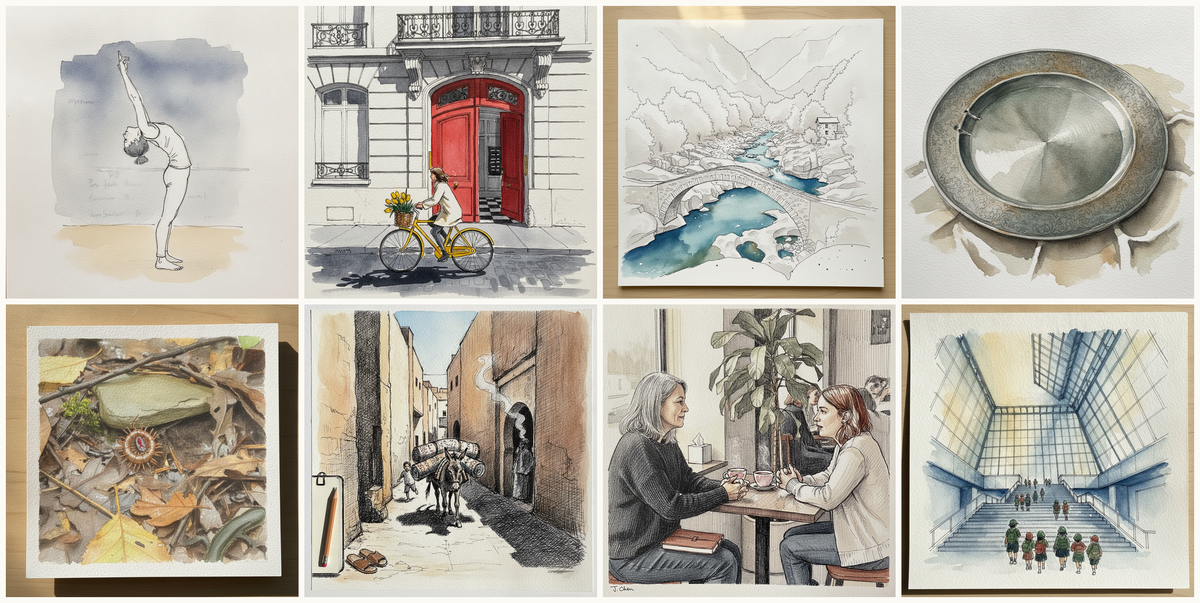 Standing backbend with hands clasped overhead, Boulevard Beaumarchais, 11eme, Bastille Morning Light, Val Verzasca, Ticino, Switzerland, Charger Plate, and more — pen + watercolor for July 11, 2026