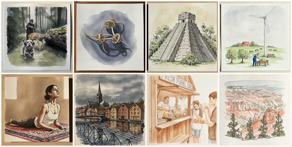 Wire-haired dachshund, Brittle stars, tangle, Tikal: Temple V, Petén, Guatemala, German Hilltop Smallholding, Schwäbische Alb, and more — pen + watercolor for July 18, 2026
