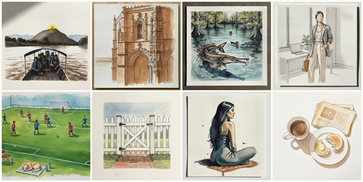 Mekong at Luang Prabang, Laos, Mosteiro dos Jerónimos, Lisbon, Portugal, Longnose gar, Contemporary minimalist office, and more — pen + watercolor for July 3, 2026