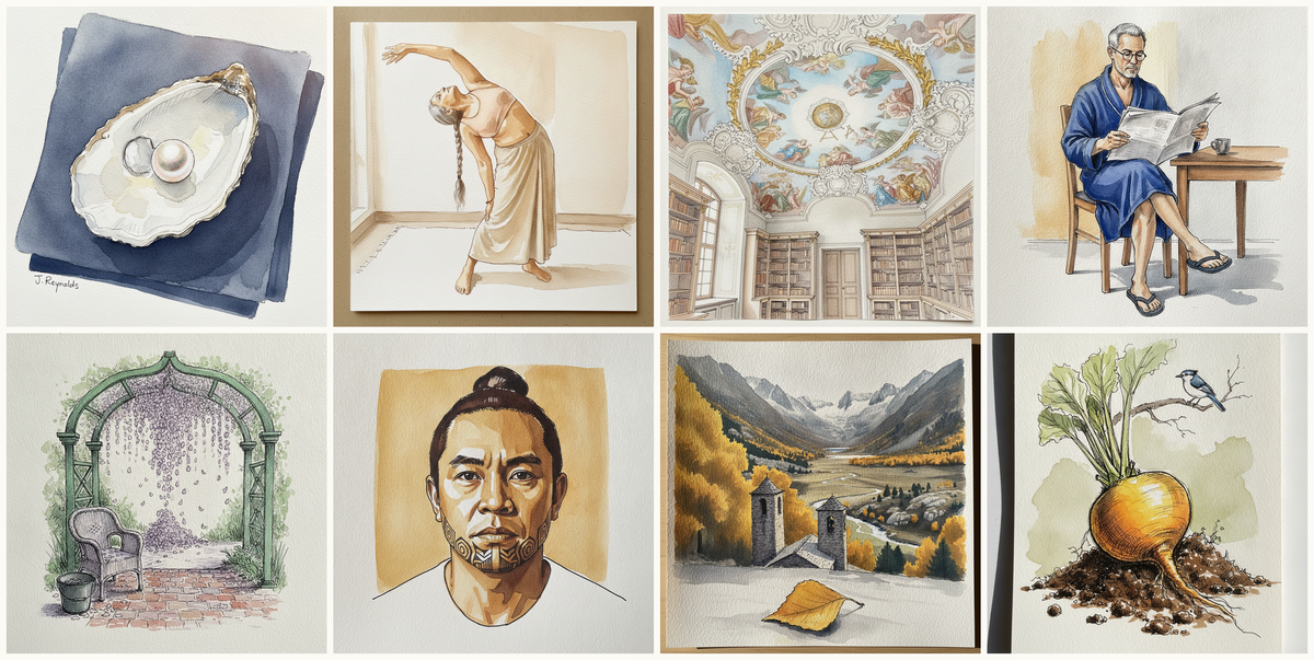 Pearl in oyster shell, Mature curvy Indian woman in moderate practitioner's arch, Schussenried Abbey Library, Bad Schussenried, Germany, Man in bathrobe reading paper, and more — pen + watercolor for July 23, 2026