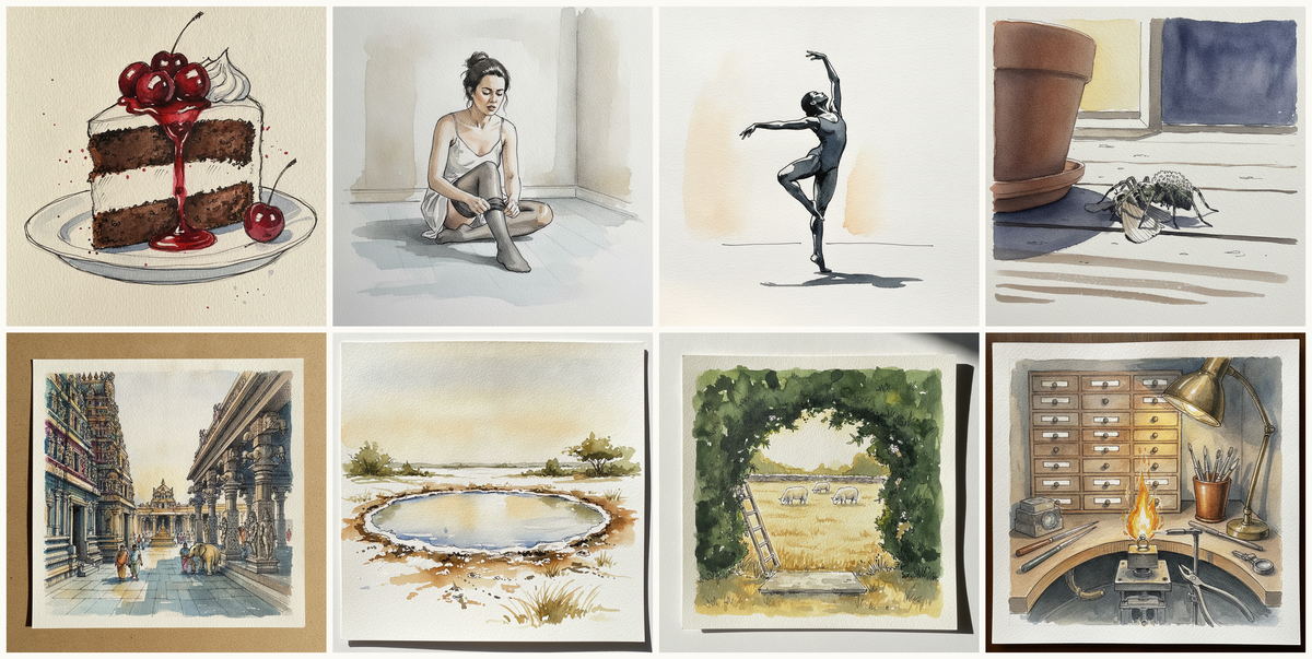 Black Forest gateau slice with cherry and cream, Putting on tights, Attitude derriere, mid-career soloist, Rabid wolf spider, and more — pen + watercolor for July 24, 2026