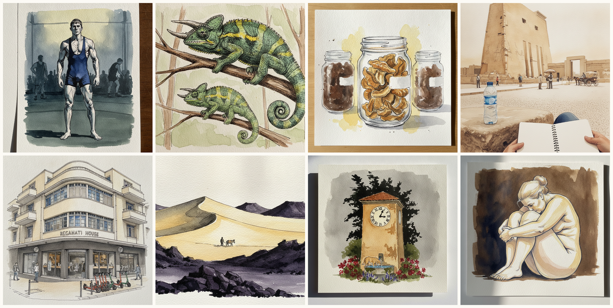 Wrestler with cut muscles, Jackson's chameleon, Dried Porcini in Glass Jar, Karnak Luxor pylon, and more — pen + watercolor for July 7, 2026