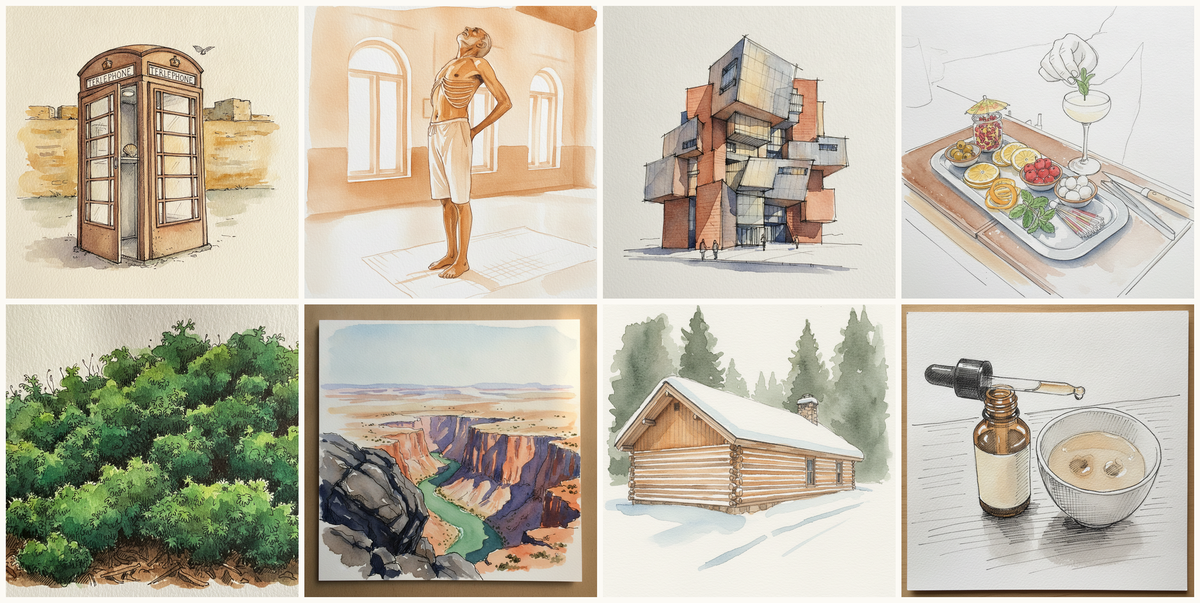 Brittany Cabine, Cream and Brown, Lean older Indian man in modest yoga-trained arch, MIT Stata Center, Cambridge, Massachusetts, USA, Cocktail garnishes on tray, and more — pen + watercolor for July 8, 2026