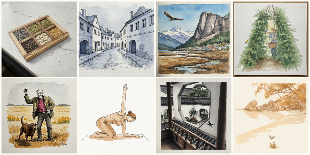 Tray of Varied Seeds, Tábor, South Bohemia, Czech Republic, Squamish at the head of Howe Sound, BC Canada, Pole bean, and more — pen + watercolor for July 10, 2026