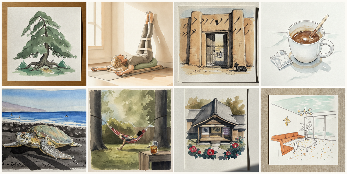 Lawson cypress (Port Orford cedar), Restorative Legs-Up-the-Wall with Strap, Mosque of Djenné, Mali — Mud Portal at Dusk, Coffee mug with cold dregs, and more — pen + watercolor for August 17, 2026