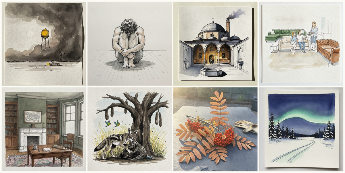 Dust Storm, Wood floor, knees to chest, hugged, Süleymaniye Hamamı, Istanbul, Turkey, Furniture store with sofas, and more — pen + watercolor for August 21, 2026