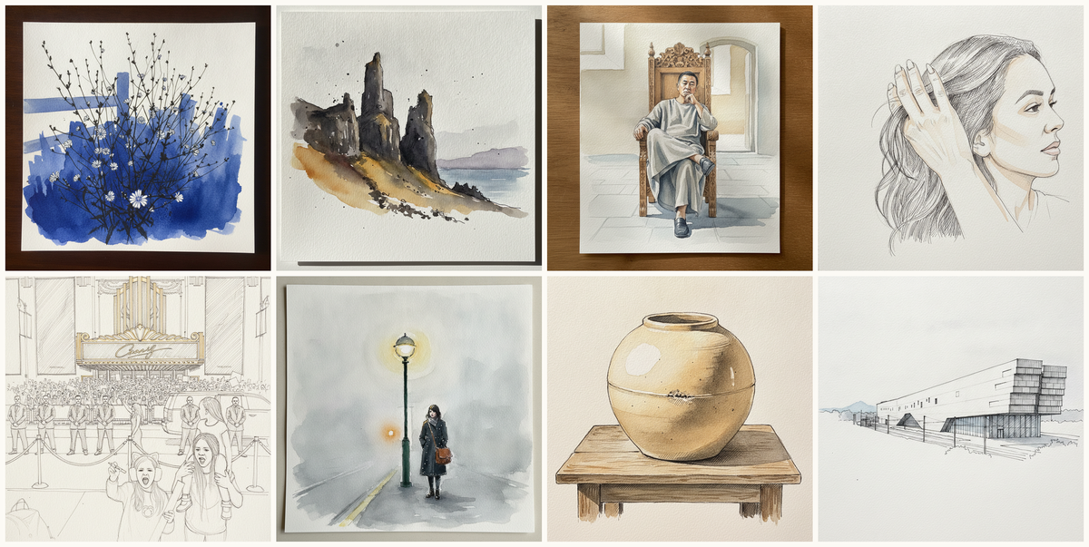 Common chicory, Old Man of Storr cliff face, Isle of Skye, Scotland, The thinker on the throne, Hand Brushing Hair Back, Mixed-Race Woman 30s, and more — pen + watercolor for August 31, 2026
