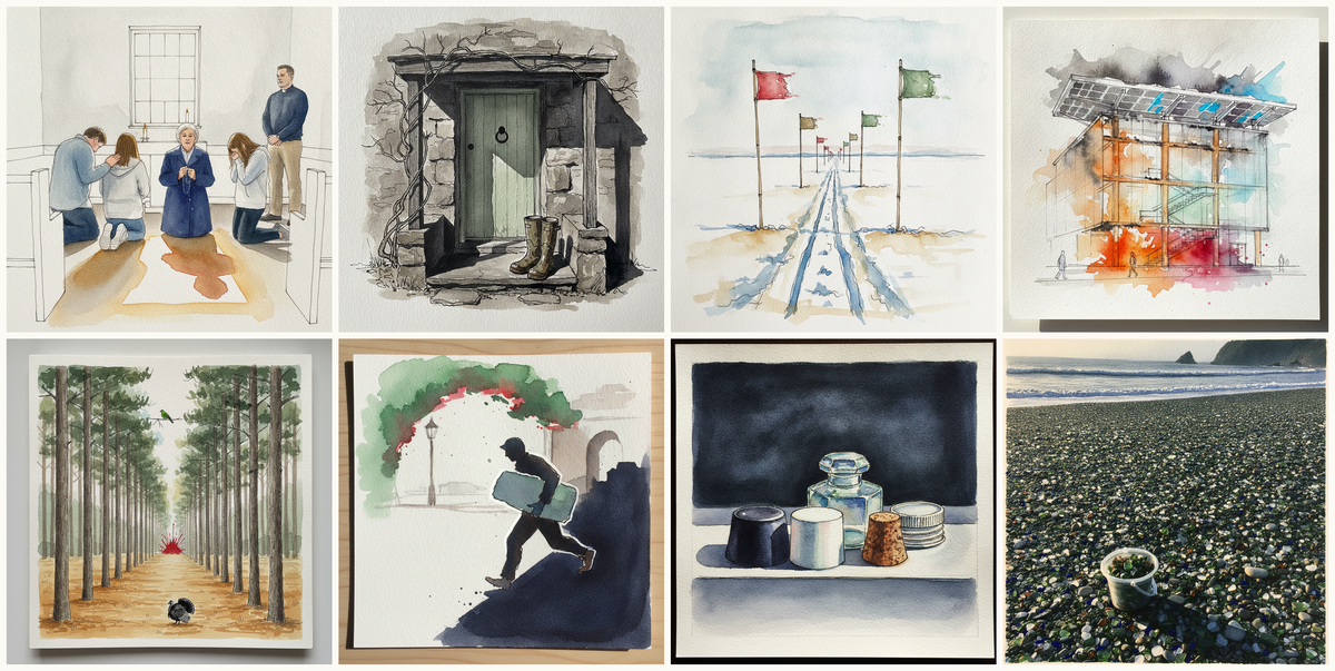 Family praying in chapel, Scottish Borders cottage with a sage door and bare honeysuckle in late February, Bamboo flag traverse line vanishing to horizon, Bullitt Center, Seattle, Washington, USA, and more — pen + watercolor for September 12, 2026