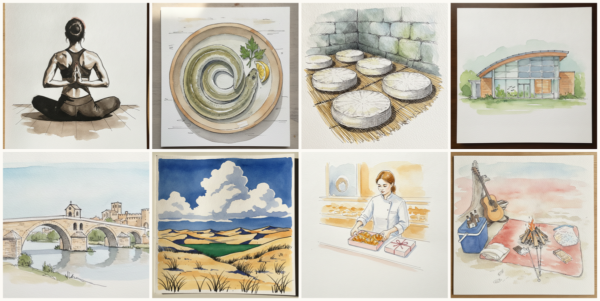 Yoga studio, hands together, Eel coiled in shallow dish, Penicillium camemberti (camembert), Adam Joseph Lewis Center for Environmental Studies, Oberlin College, Oberlin, Ohio, USA, and more — pen + watercolor for September 14, 2026