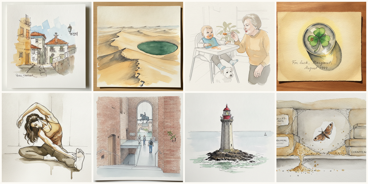 Fire Sky over Ocean, Mingsha Shan dunes above Crescent Lake, Kid making airplane food faces, Pressed four-leaf clover under glass paperweight, and more — pen + watercolor for September 4, 2026