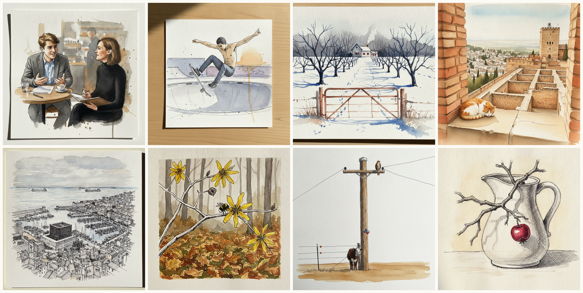 Job interview at table, Skateboard ollie, board attached, peak, New Hampshire orchard winter skeleton, USA, Alcazaba, Granada, Spain, and more — pen + watercolor for September 10, 2026