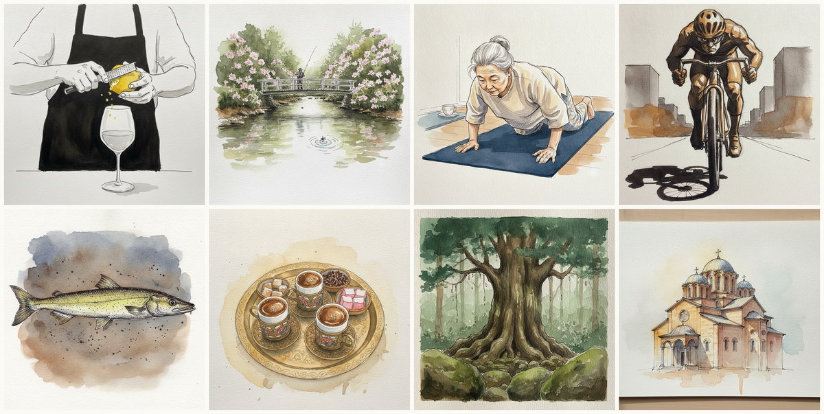 Lemon being zested, Trout Stream Casting, Knee-down push-up, descent, Cyclist Charging the Camera, and more — pen + watercolor for October 11, 2026