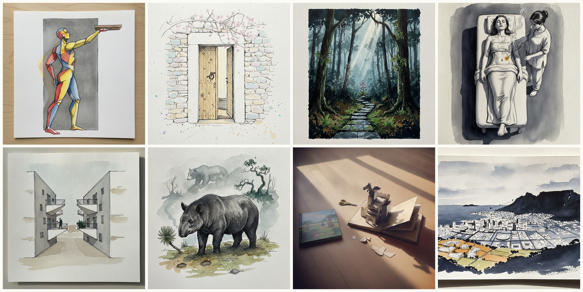 Standing reaching across to high shelf opposite side, Mallorcan finca door in dry-stone wall, almond blossom, Doi Suthep summit forest, Thailand — Wat trail, Acupuncture with needles, and more — pen + watercolor for October 13, 2026
