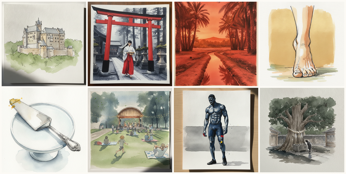Wartburg, Thuringia, Germany, Shrine maiden passing through a torii, Sunset reds on Tafilalt grove, Foot Pushing Off Sprint, and more — pen + watercolor for October 14, 2026