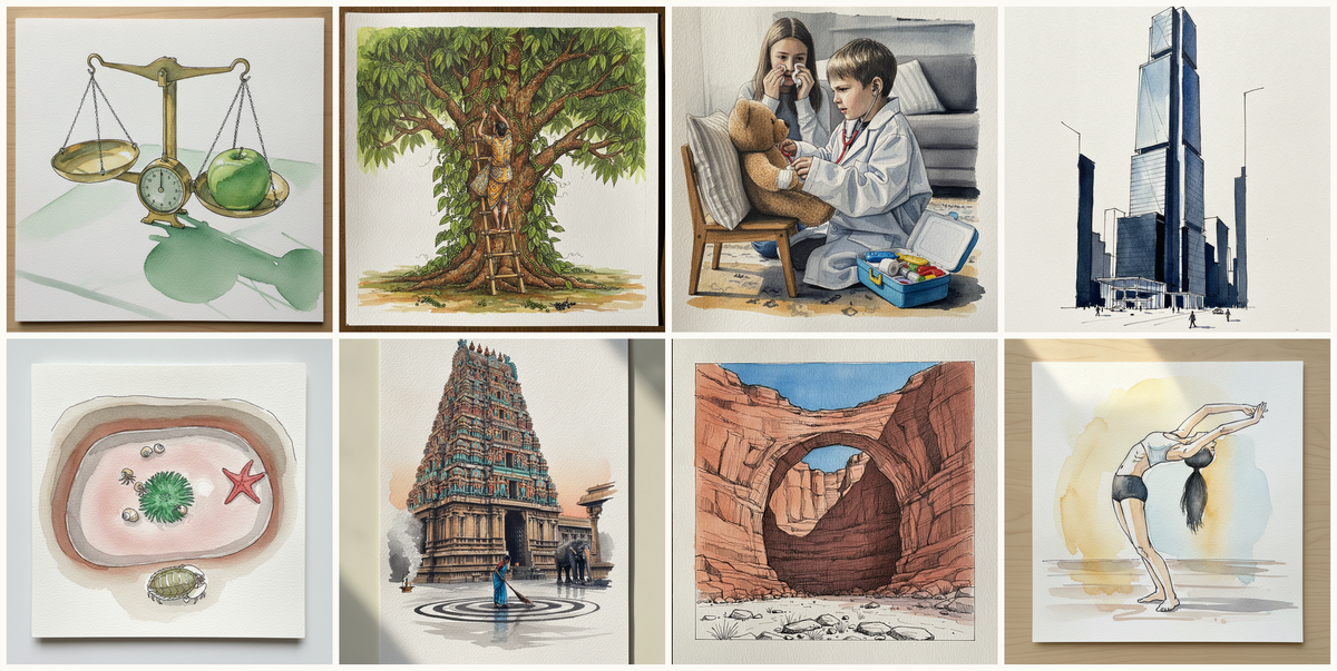 A green apple on a kitchen scale, Black pepper, Kid pretending to be a doctor, One Vanderbilt, Midtown Manhattan, New York, NY, USA, and more — pen + watercolor for October 17, 2026